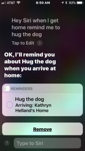 Screenshot of geofenced Reminder via Siri.