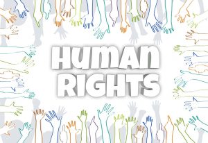 Hands reaching towards the words, Human Rights