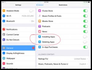 Image of restrictions for adding and deleting apps on iPad.