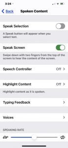 Spoken Content settings on iPhone.