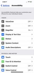 Vision settings on the iPhone including Spoken Content.