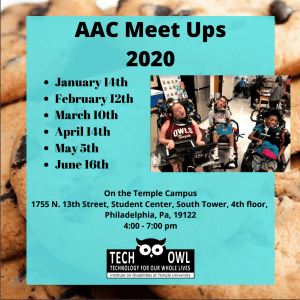 Poster with dates of AAC Meet Ups 2020 and picture of AAC users on a background of chocolate chip cookies