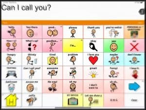 TOuchChat AAC screen with "Can I call you?" message.