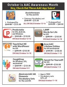 October is AAC Awareness Month Hey, Check Out These AAC App Sales! • Assistiveware: for Mac and iOS all ON SALE October 12-16 o Proloquo2Govwas $249.00 –sale price $125.00 o Proloquo4Text was $119.99 –sale price $60.00 o Gateway Vocabulary set was $149.99 – sale price $75.00 • Predictable: for iOS Android, and Windows. Was $159.00 –sale price $130.00 ON SALE October 12-16 • LAMP Words For Life: for iOS. Was $299.99 –sale price $150.00 ON SALE October 14-18 • TouchChat HD with WordPower: for iOS. Was $299.99 – sale price $150.00 ON SALE October 14-18 • Avaz AAC Lifetime Edition: for iOS and Android. Was $199.99– sale price $100.00 ON SALE October 1-15 • CoughDrop: for Windows, iOS, and Android. Was $249.99– sale price $125.00 ON SALE October 5-9 • Speak For Yourself!: for iOS was $299.99– sale price$150.00 on sale October 1-8 • Alexicom AAC All Elements Vocabulary Sets: for Mac and iOS. o App is FREE o Vocabulary sets 50% off ON SALE October 11-18