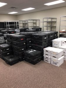 heavy black packing boxes.
