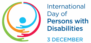 UN Logo for international Day of Persons with disabilities, nested red, blue, green, and orange circles with the date.