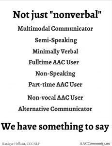 Not just nonverbal poster with names of other labels, including multimodal communicator, minimally verbal, non-speaking, & non-vocal AAC user.